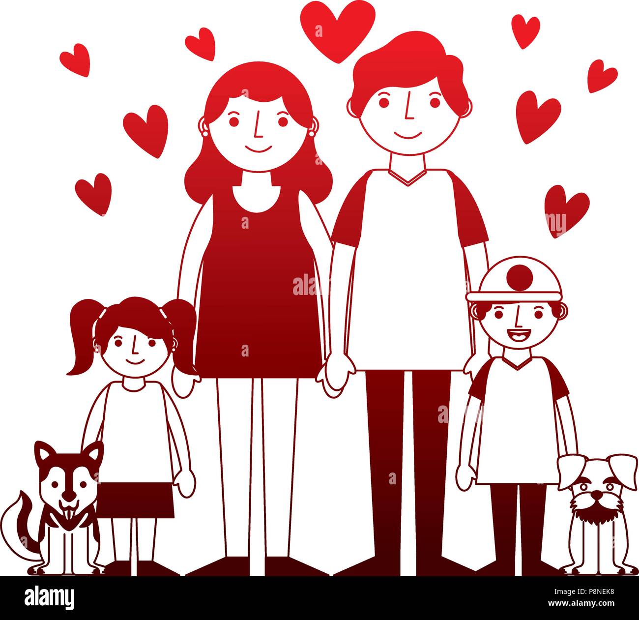 mom dad son daughter and dogs mascot hearts love vector illustration ...