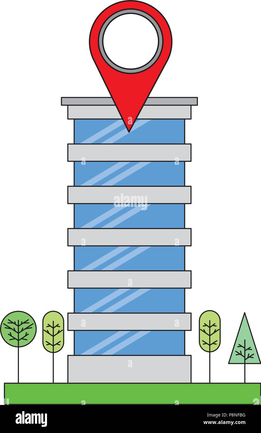 building structure with pin location and trees plants vector ...