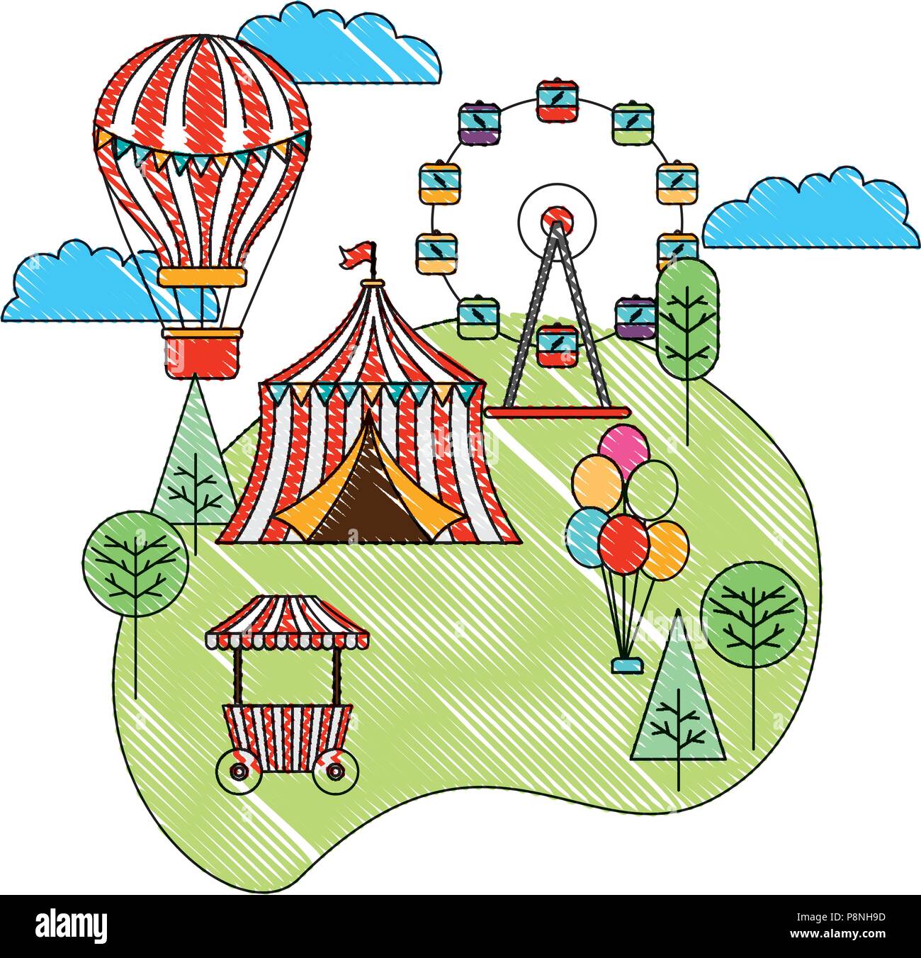 circus in the park with tent ferris wheel air balloon recreation vector ...