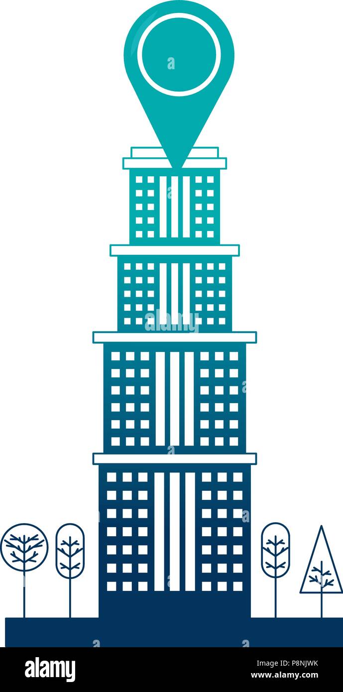 building structure with pin location and trees plants vector ...