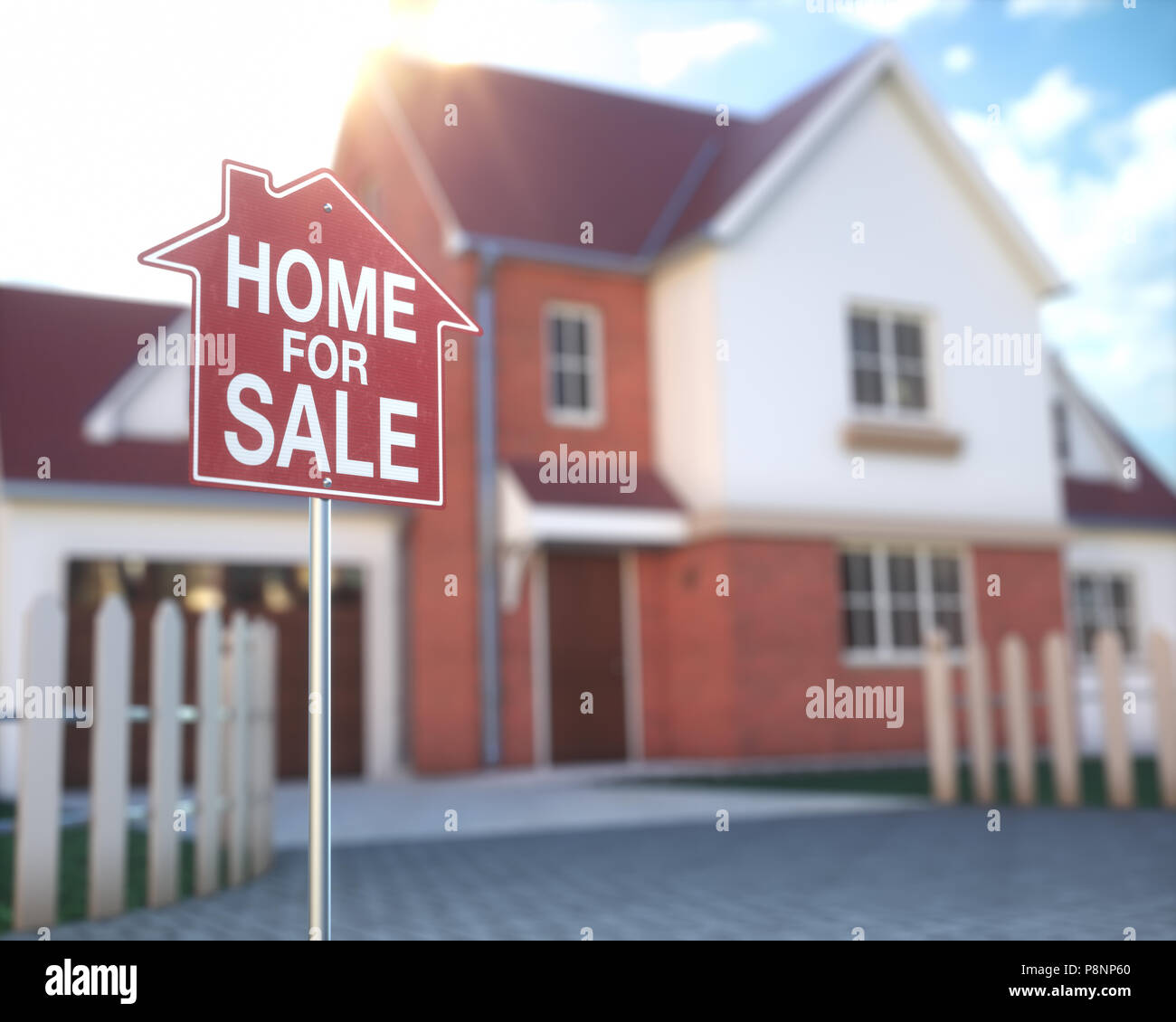 Home for sale, real estate sign in front of beautiful house with beam of sunlight coming from the background. Home business and finance concept. Stock Photo