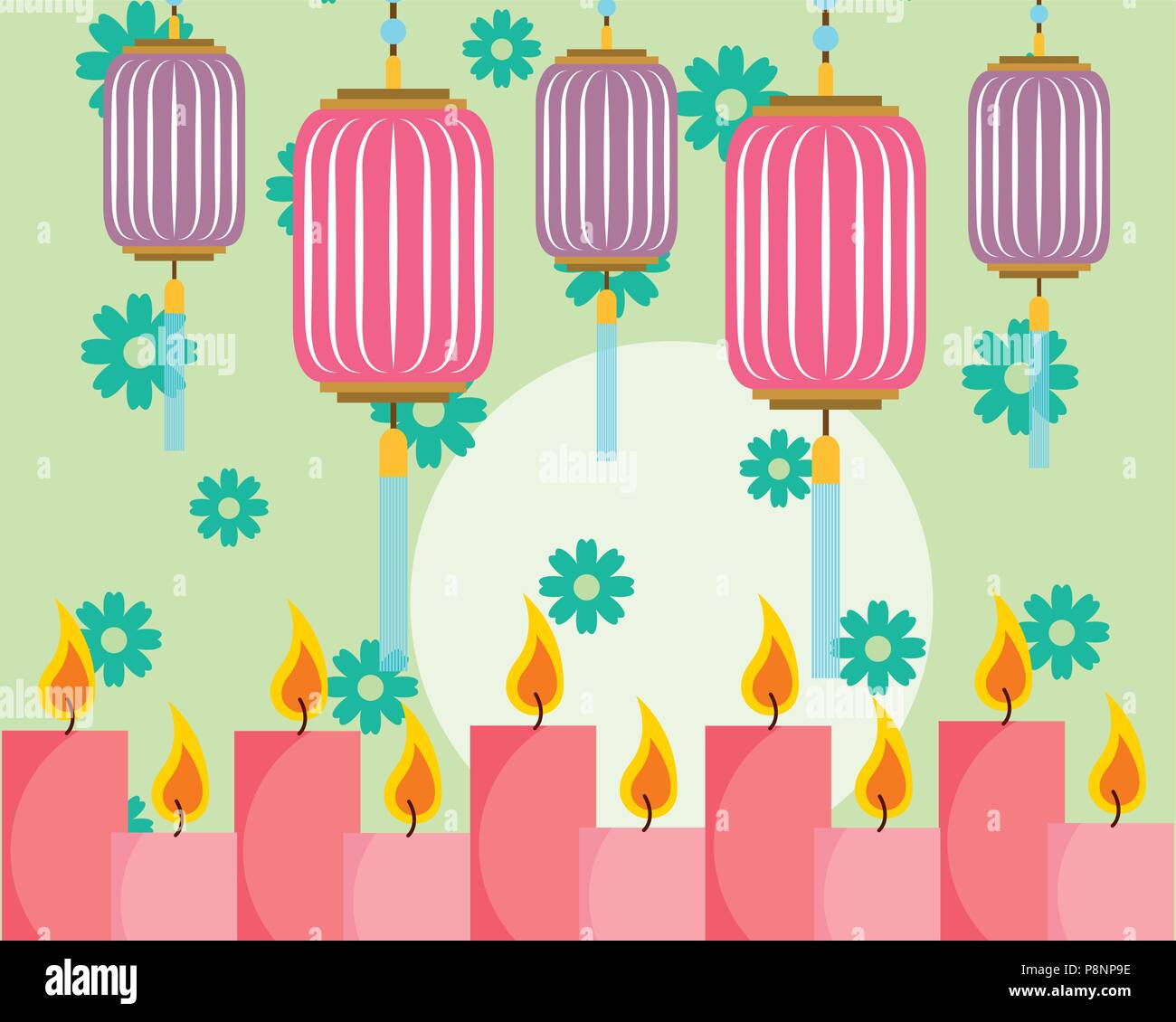 candles flowers chinese lanterns vector illustration Stock Vector Image