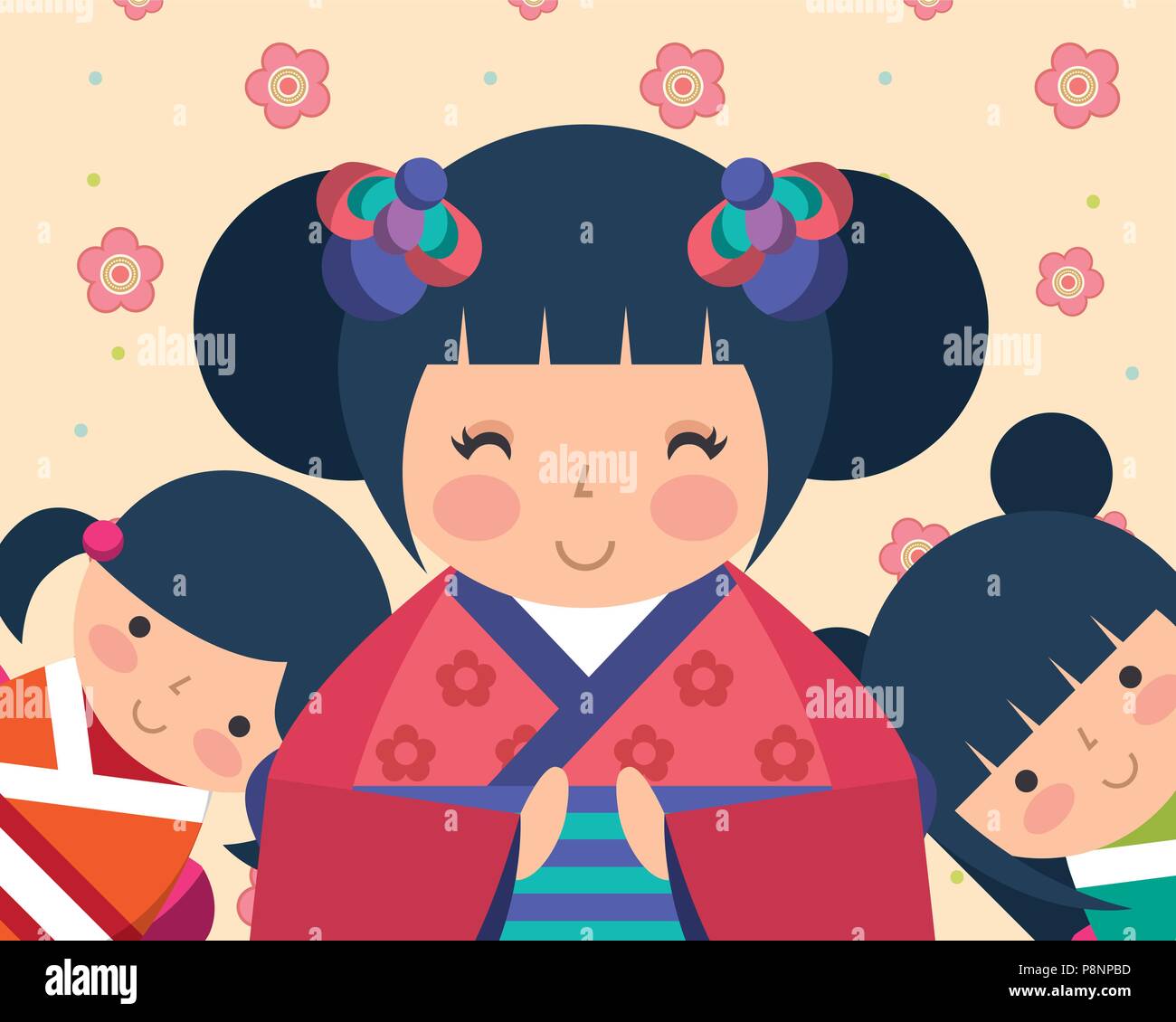 japanese kokeshi dolls kimono flowers cute dresses vector illustration Stock Vector