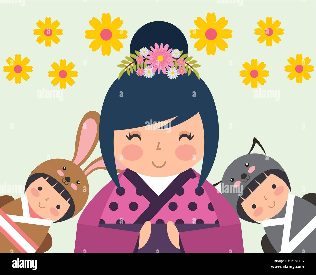 japanese kokeshi doll kimono cute dresses rabbit wolf yellow flowers vector illustration Stock Vector