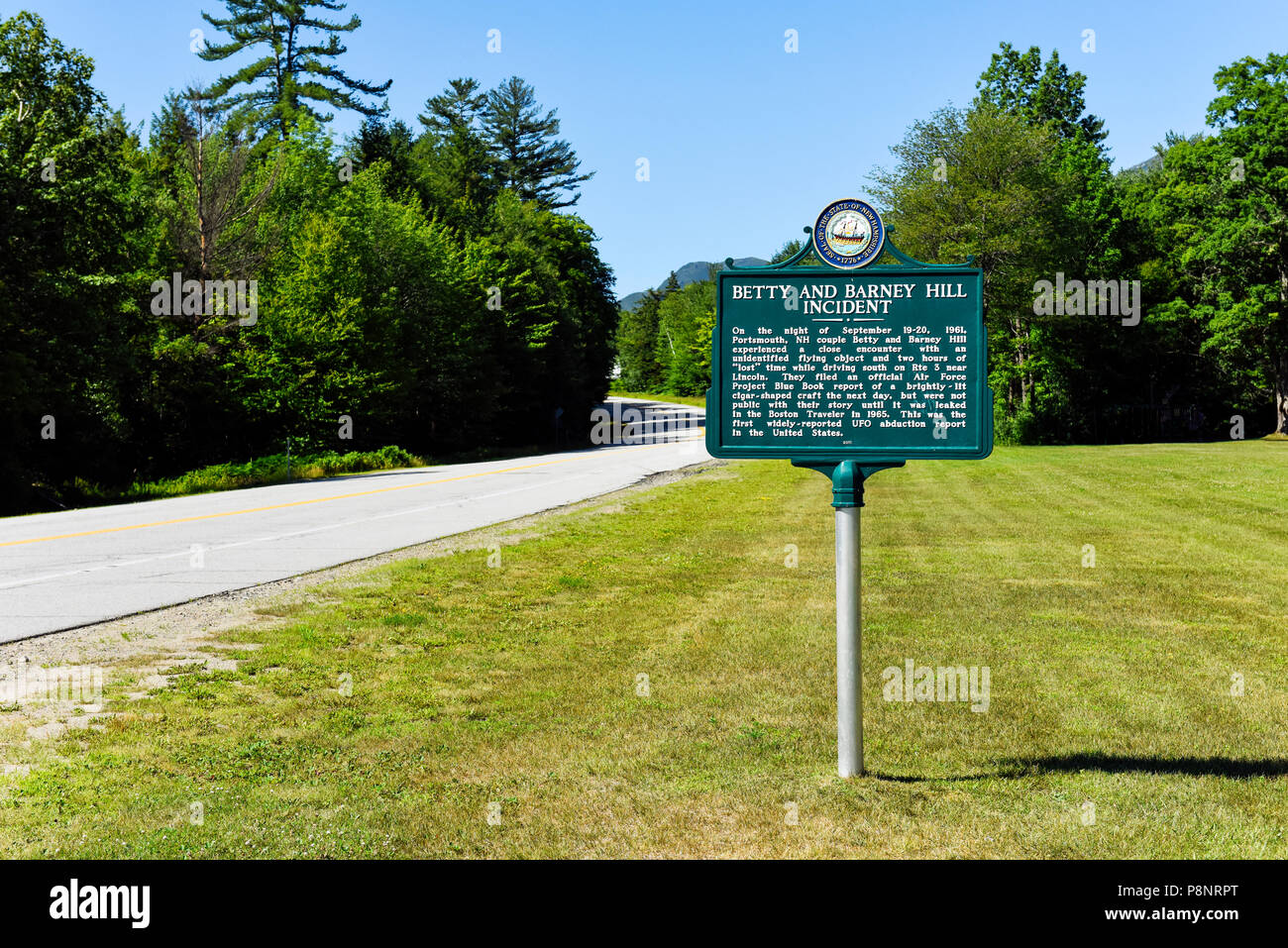 A sign in Lincoln New Hampshire memorializing the Betty and Barney Hill UFO abduction Incident Stock Photo