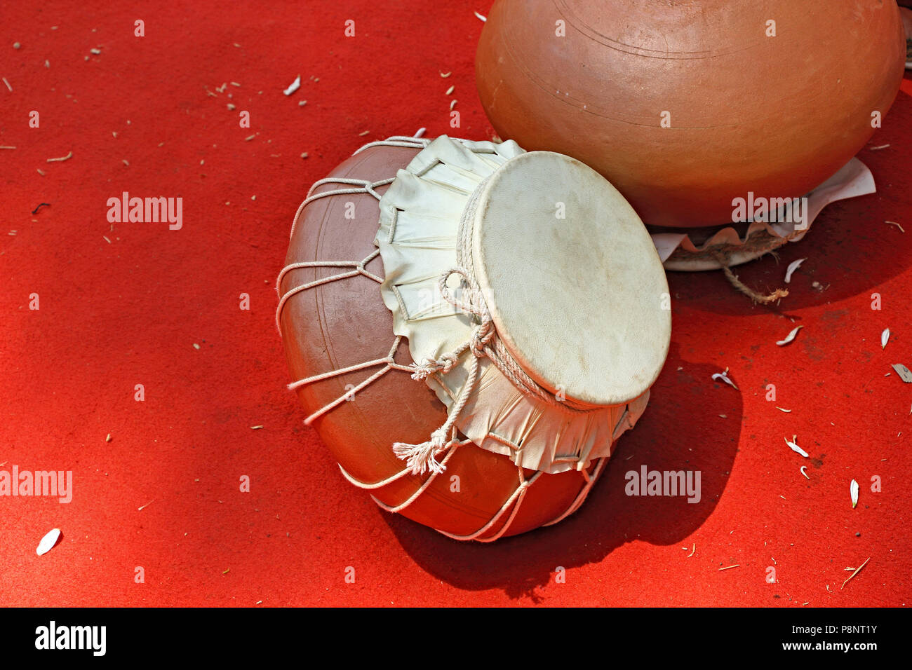 Close up of Ghumat, the traditional  percussion musical instrument of Goa, India, made using leather membrane and earthern pot Stock Photo