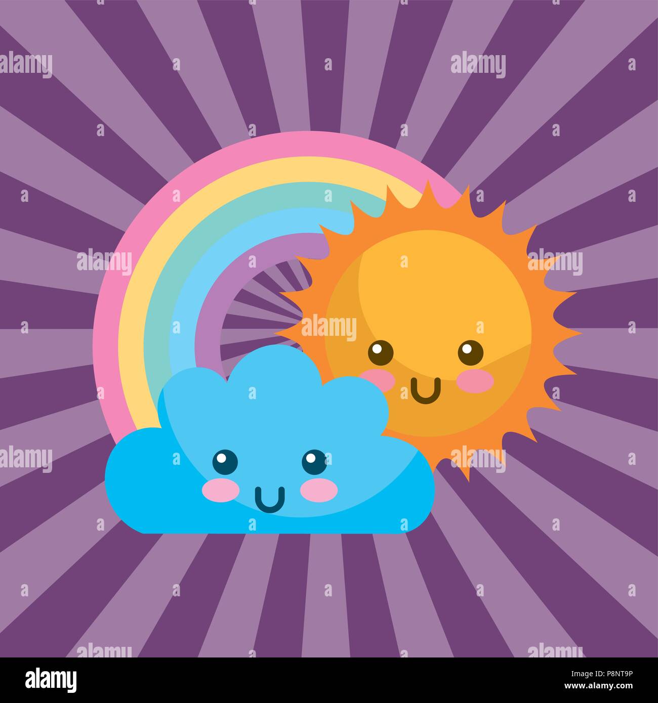 cute kawaii sun cloud and round rainbow cartoon vector illustration ...