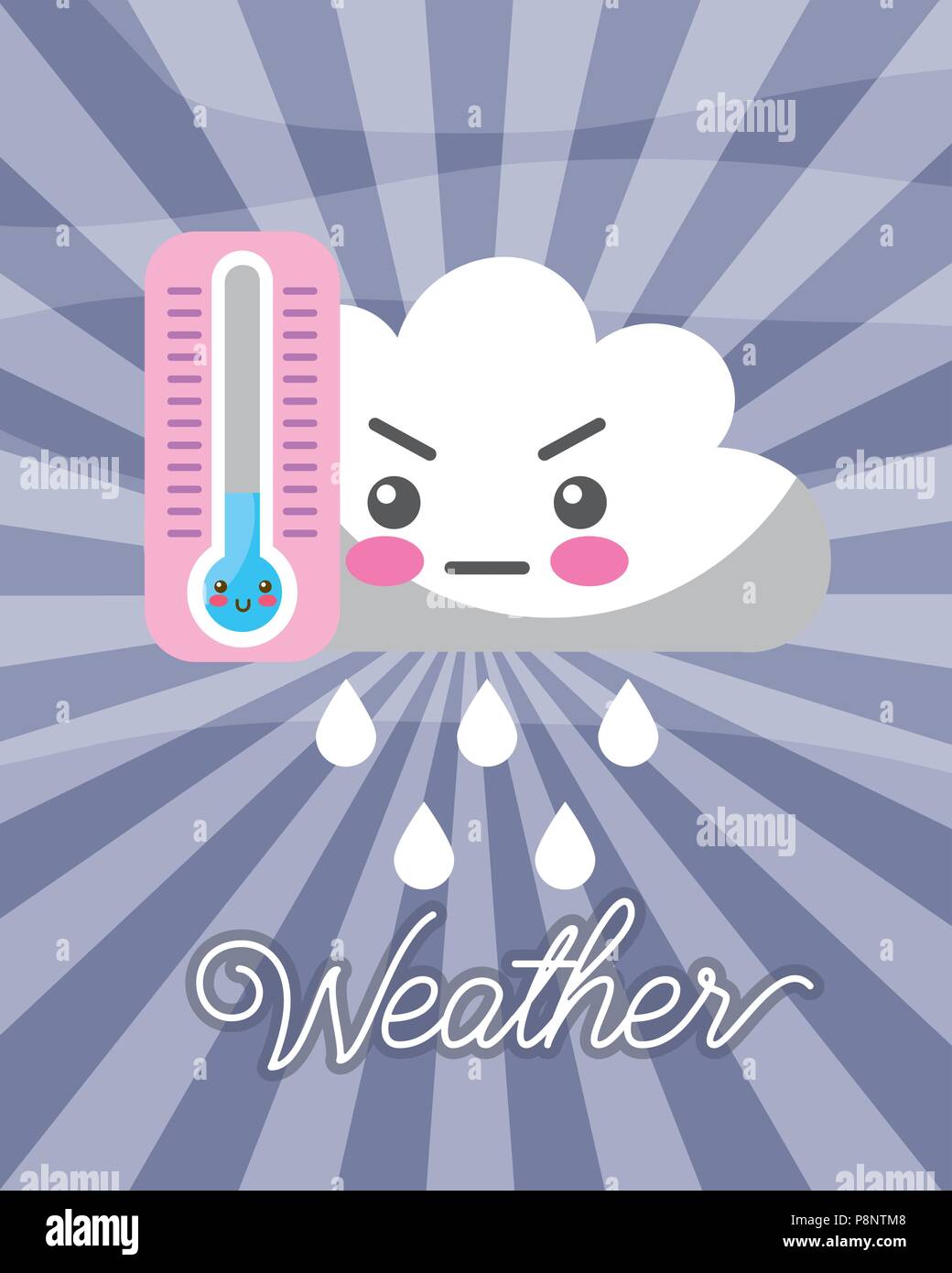kawaii cloud rain drops cold thermometer weather vector illustration ...