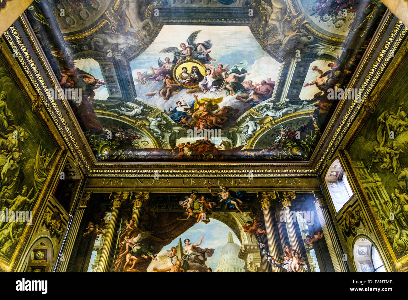 The painted hall ceiling by Sir James Thornhill at the Old Royal Naval College, Greenwich, London, UK Stock Photo