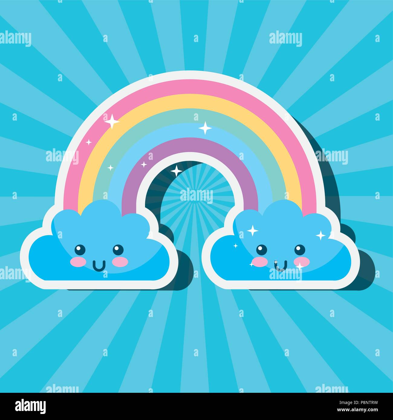 kawaii rainbow and clouds sunburst cartoon weather vector illustration ...