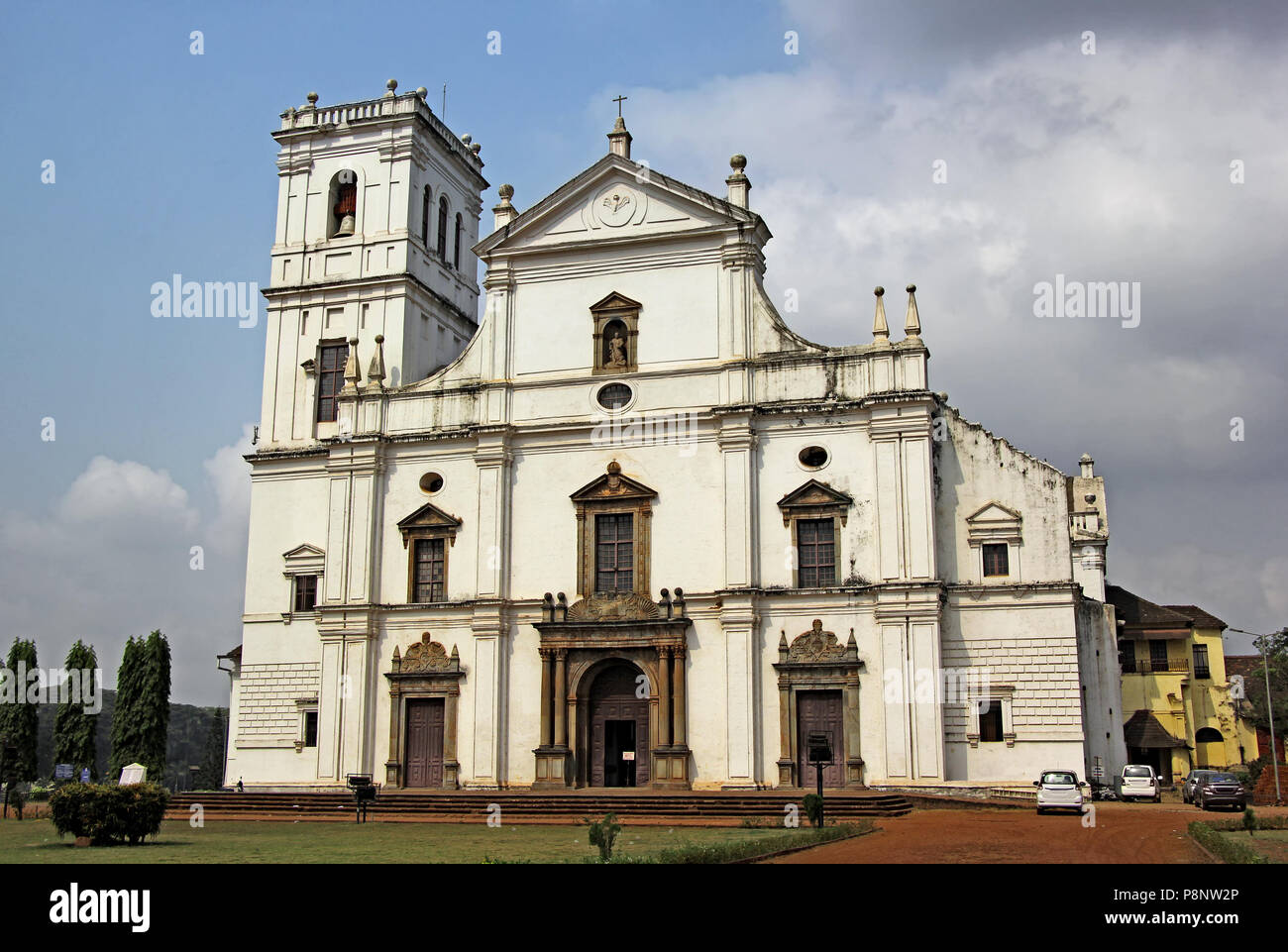 Facade of historic Se Cathedral, St Catherine’s Cathedral, in Old Goa, India. Built by the Portuguese in 16th Century, is the largest church in Asia. Stock Photo