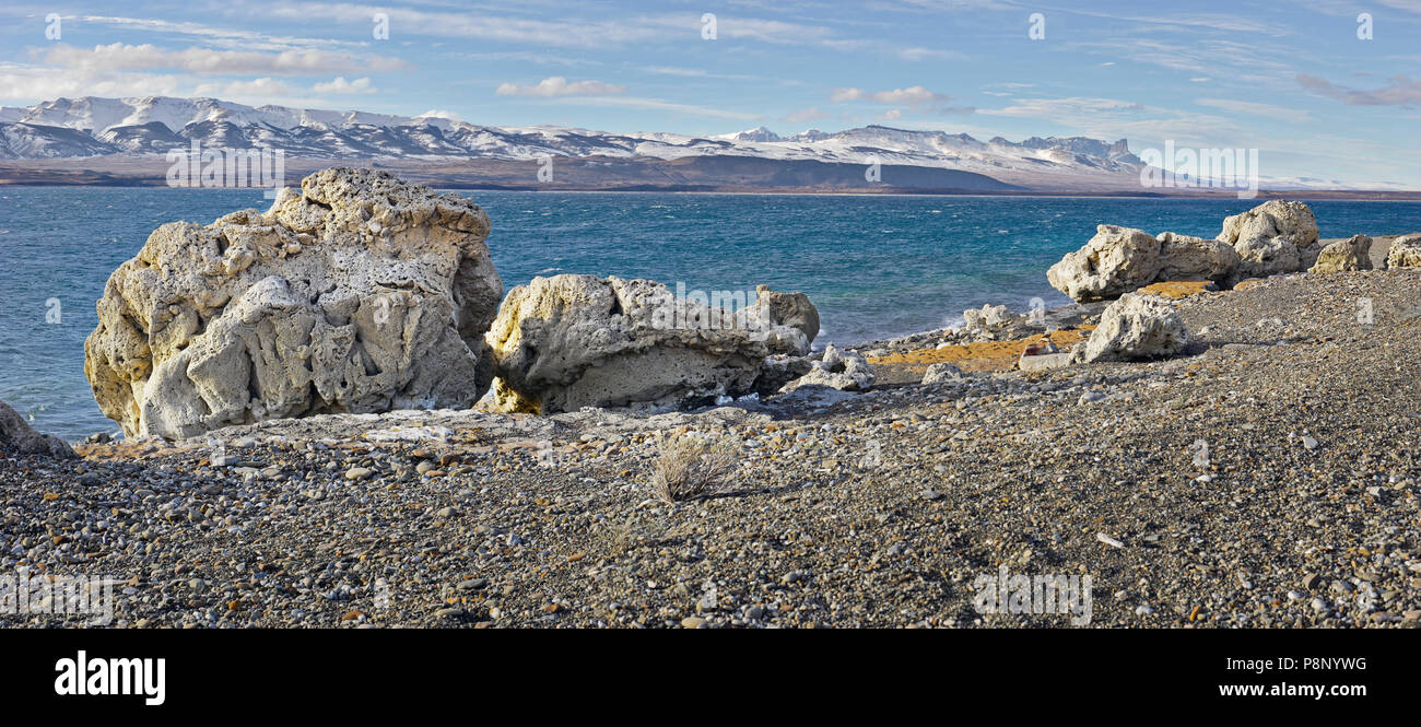 The lake Lago Sarmiento with limestone formations formations in the foreground Stock Photo