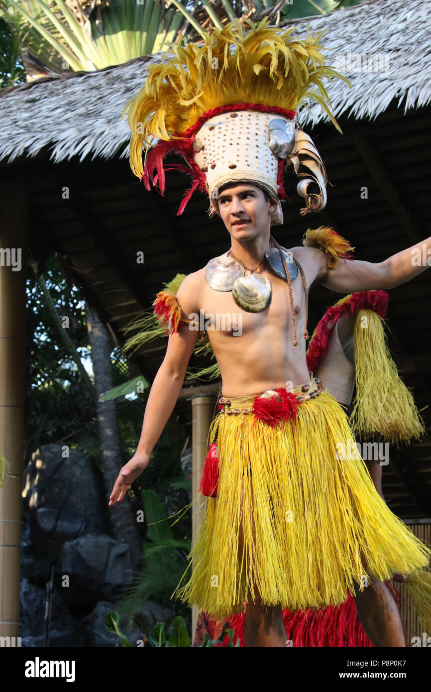 Dance and show during the Luau. Polynesian Cultural Center, Laie, Oahu Island, Hawaii, USA. Stock Photo