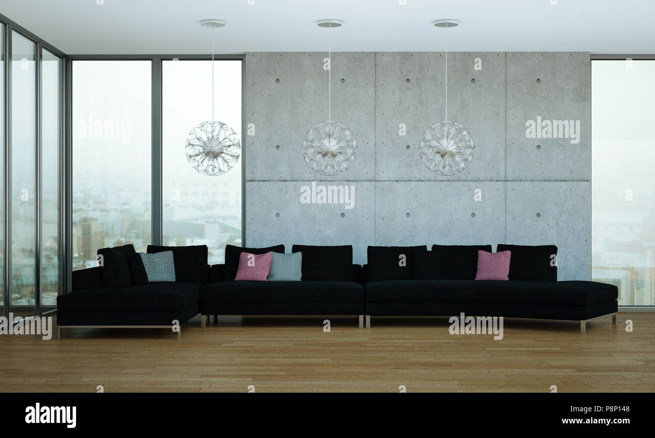 Interior design modern bright room with black sofa Stock Photo - Alamy