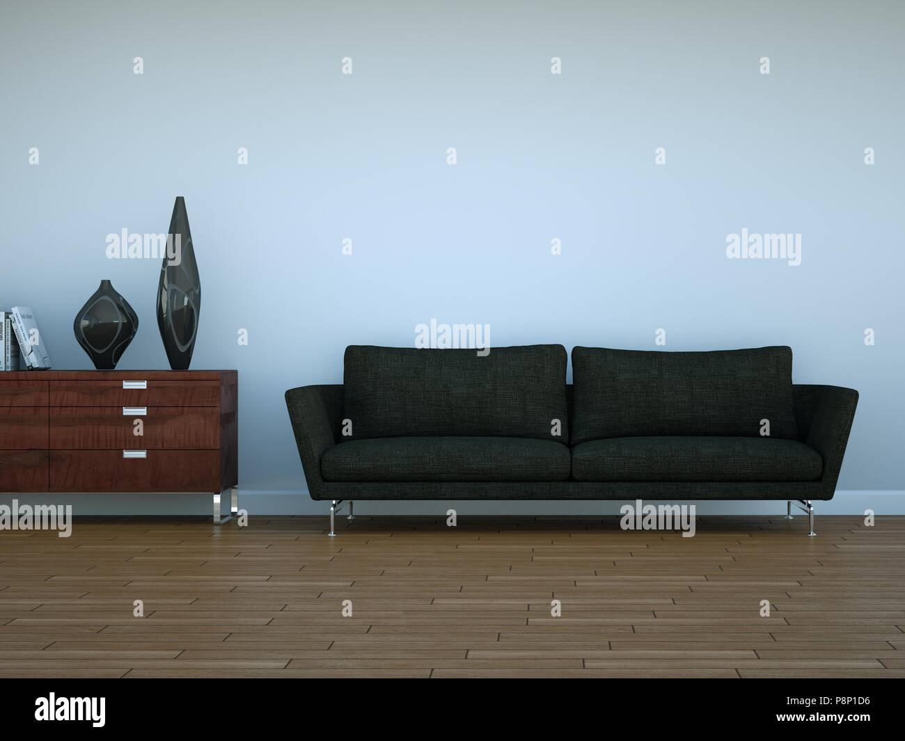 Interior design modern bright room with black sofa Stock Photo - Alamy