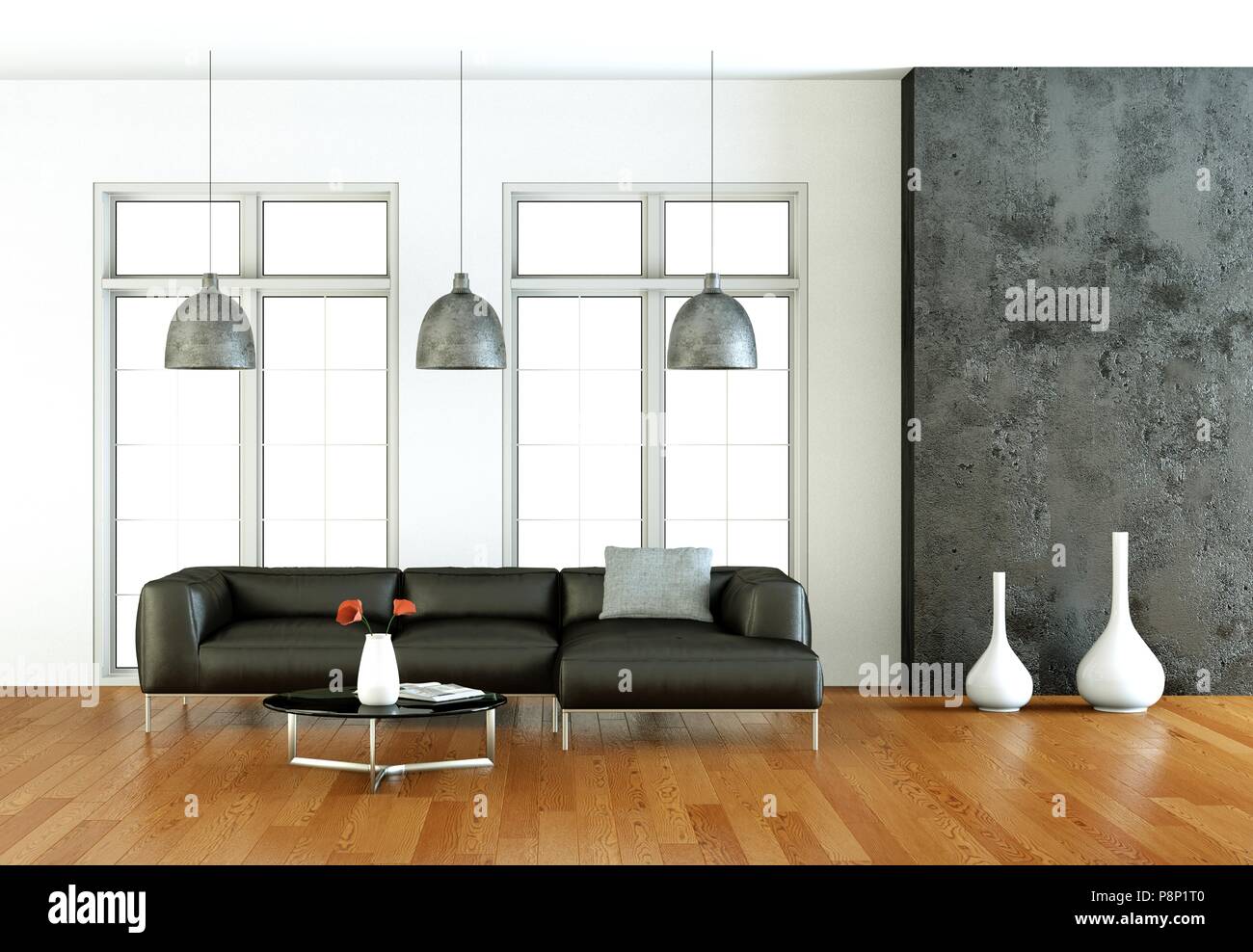 Interior design modern bright room with black sofa Stock Photo - Alamy