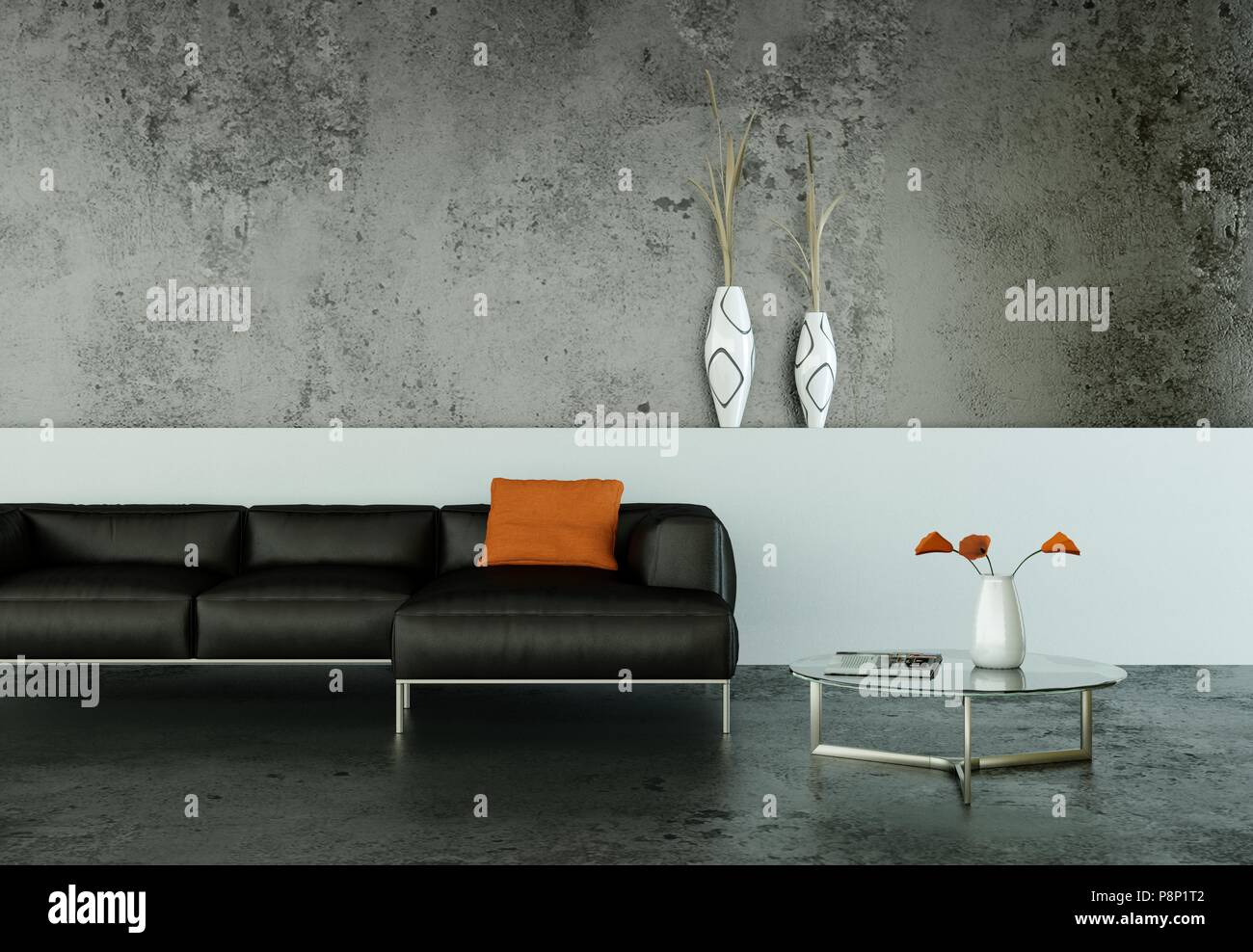 Interior design modern bright room with black sofa Stock Photo - Alamy