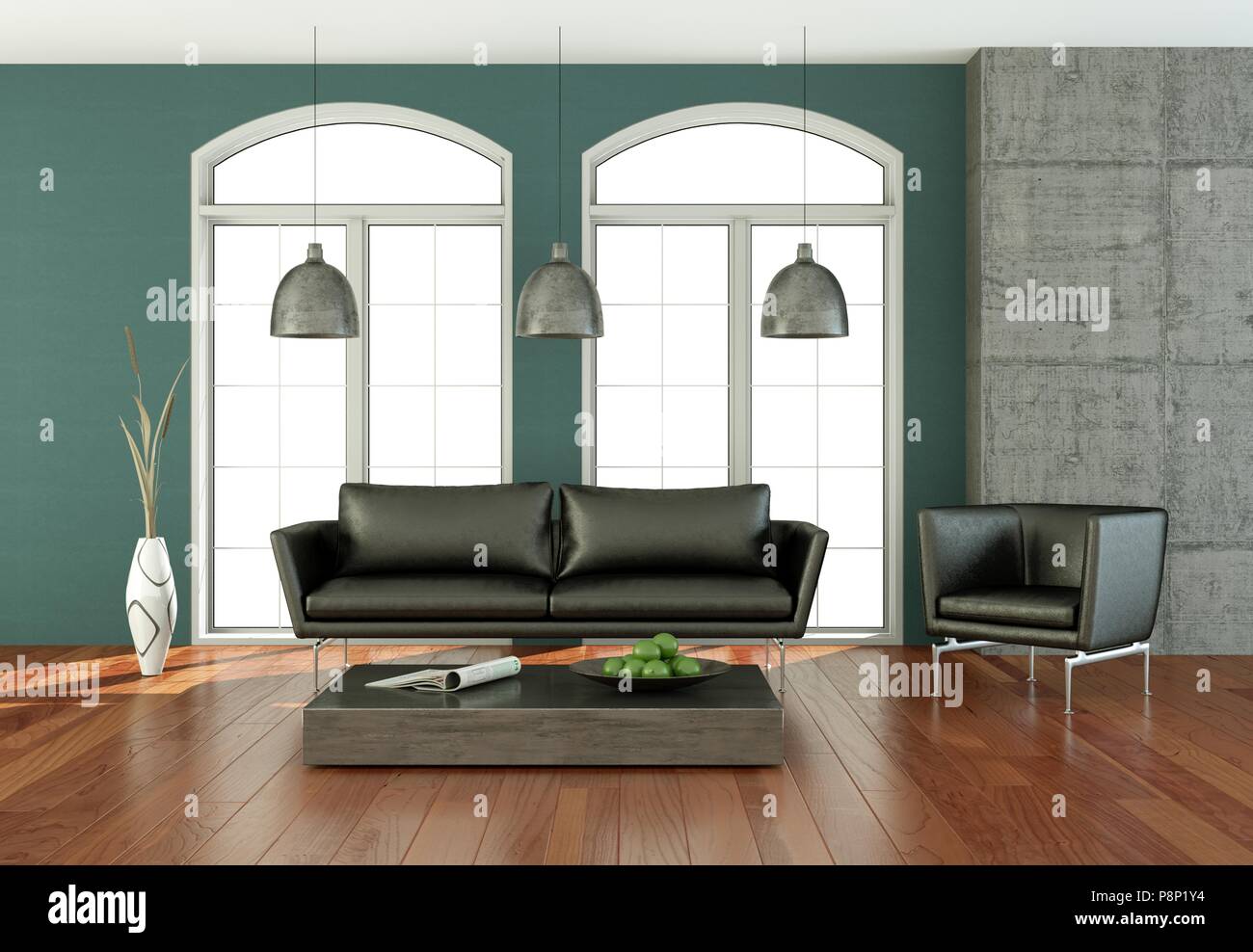 Interior design modern bright room with black sofa Stock Photo - Alamy
