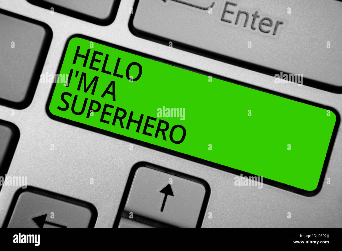 Word writing text Hello I am A Superhero. Business concept for Believing in  yourself Self-confidence Introduction Keyboard green button hit key typing  Stock Photo - Alamy