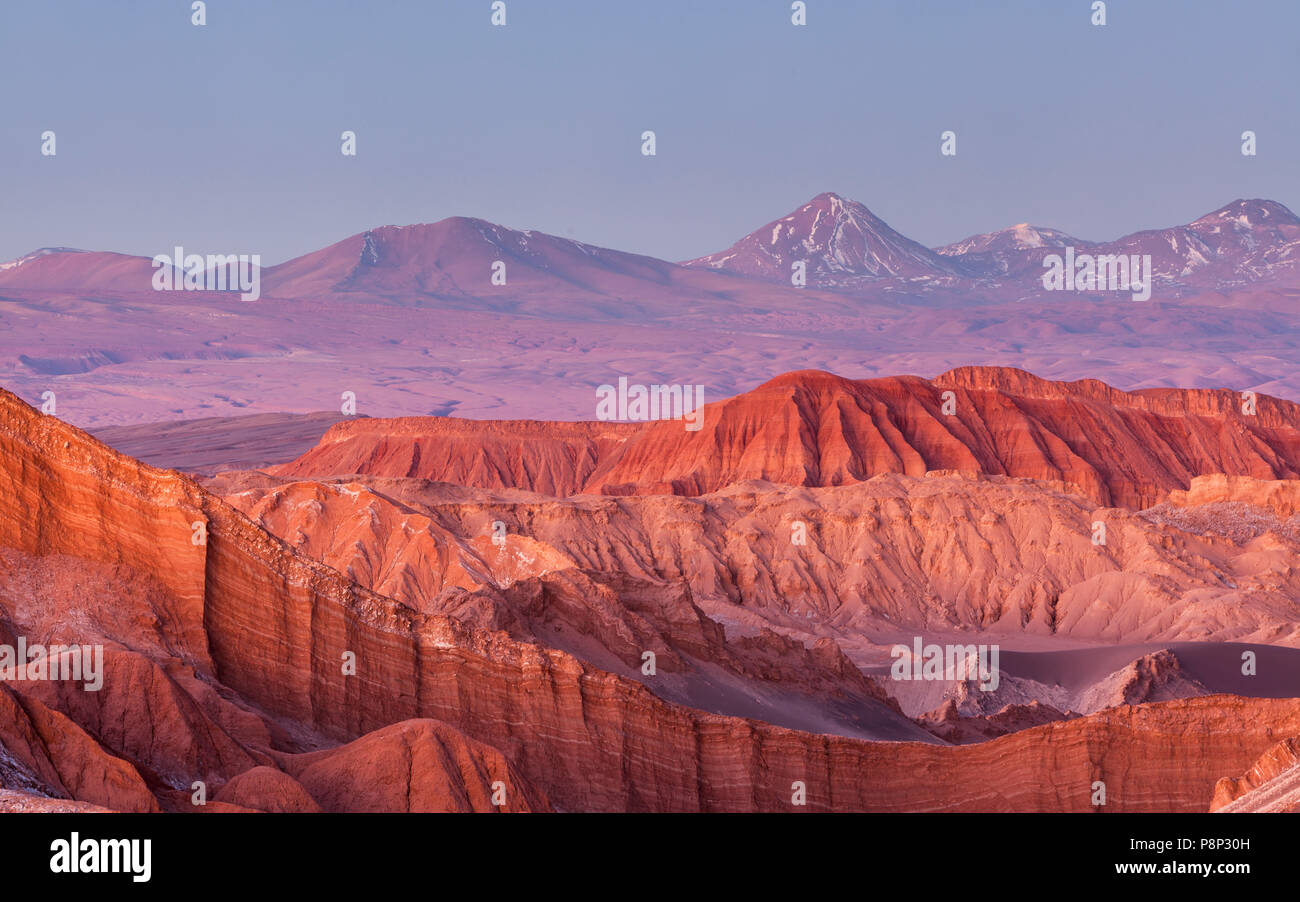 Landscape with eroded mountains in the Moon valley a few minutes after sunset Stock Photo