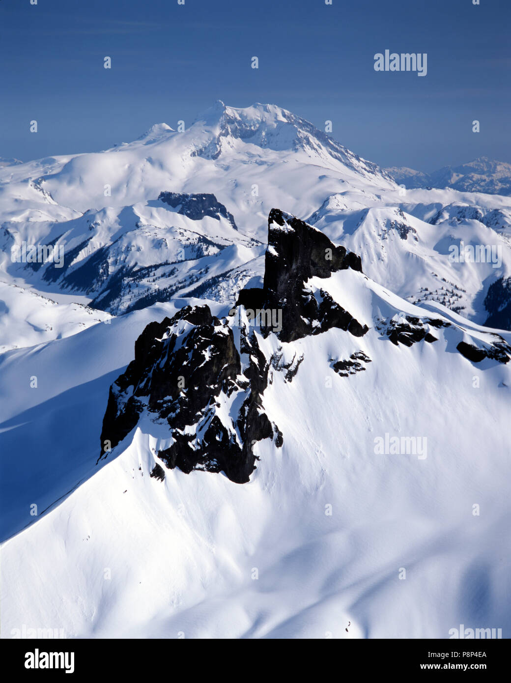 The Black Tusk and Mount Garibaldi aerial Stock Photo