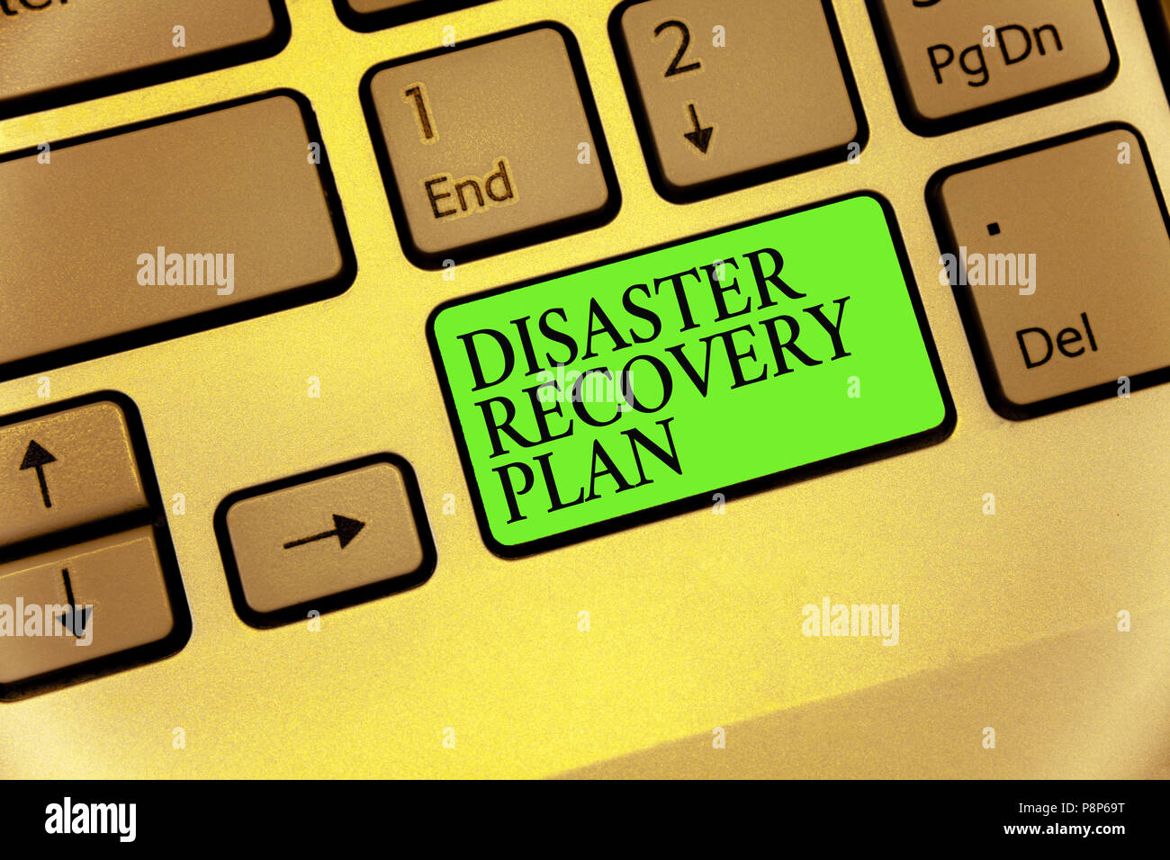 Writing note showing Disaster Recovery Plan. Business photo showcasing having backup measures against dangerous situation Keyboard button symbol typin Stock Photo