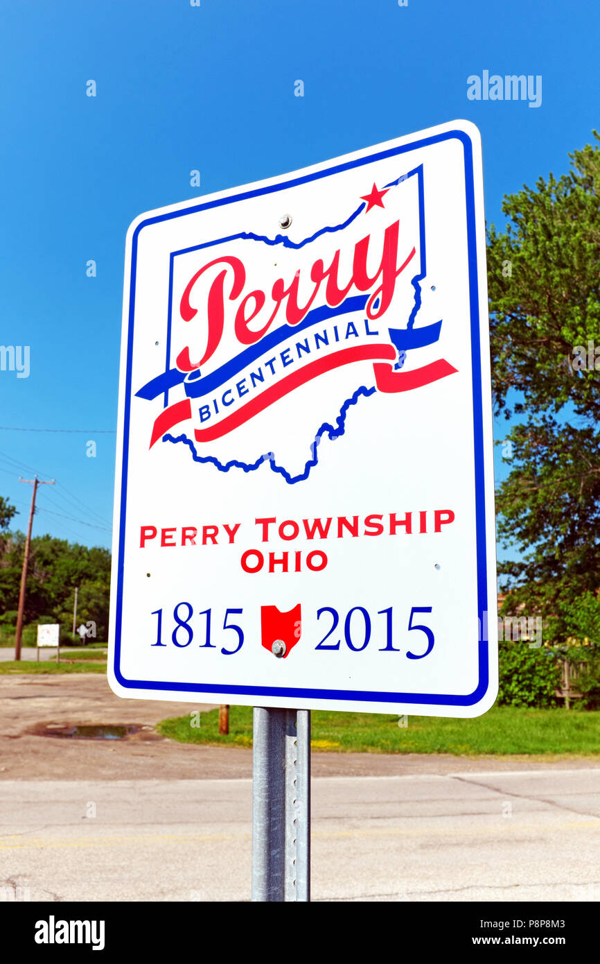 A Perry Township, Ohio border sign in Northeast Ohio announces its bicentennial years from 1815 until 2015. Stock Photo