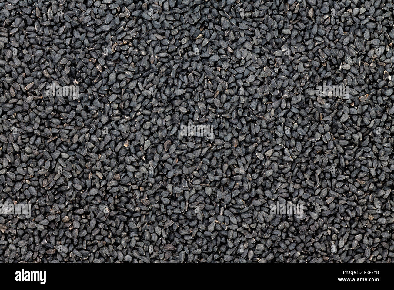 Background culinary texture of black seeds, nigella or kalonji a healthy Indian spice used in traditional medicine with a triangular shape and pungent Stock Photo