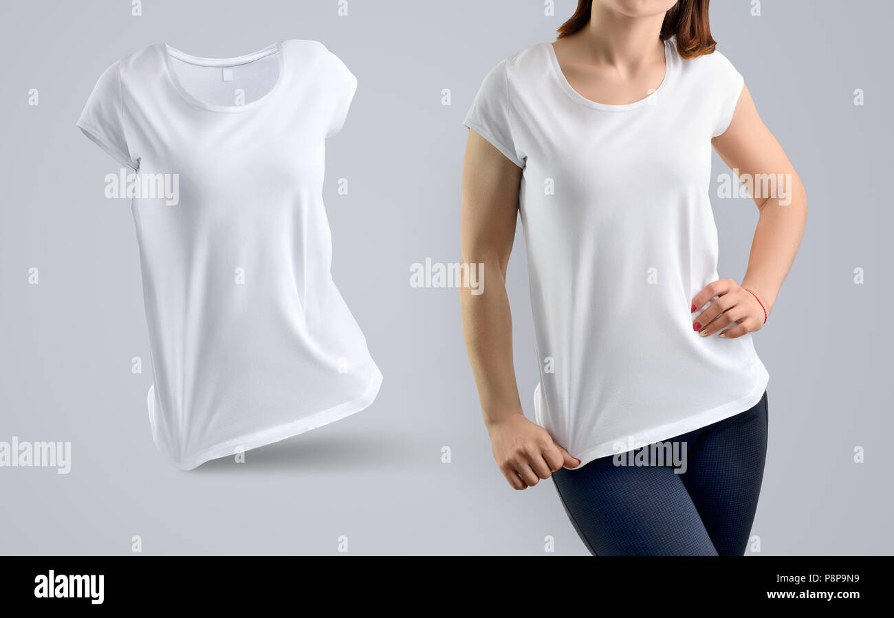 Download Stylish Mockup Set With Athletic Young Woman In The White T Shirt And Shape Of T Shirt Without Body Isolated On The Gray Background Front View Templ Stock Photo Alamy