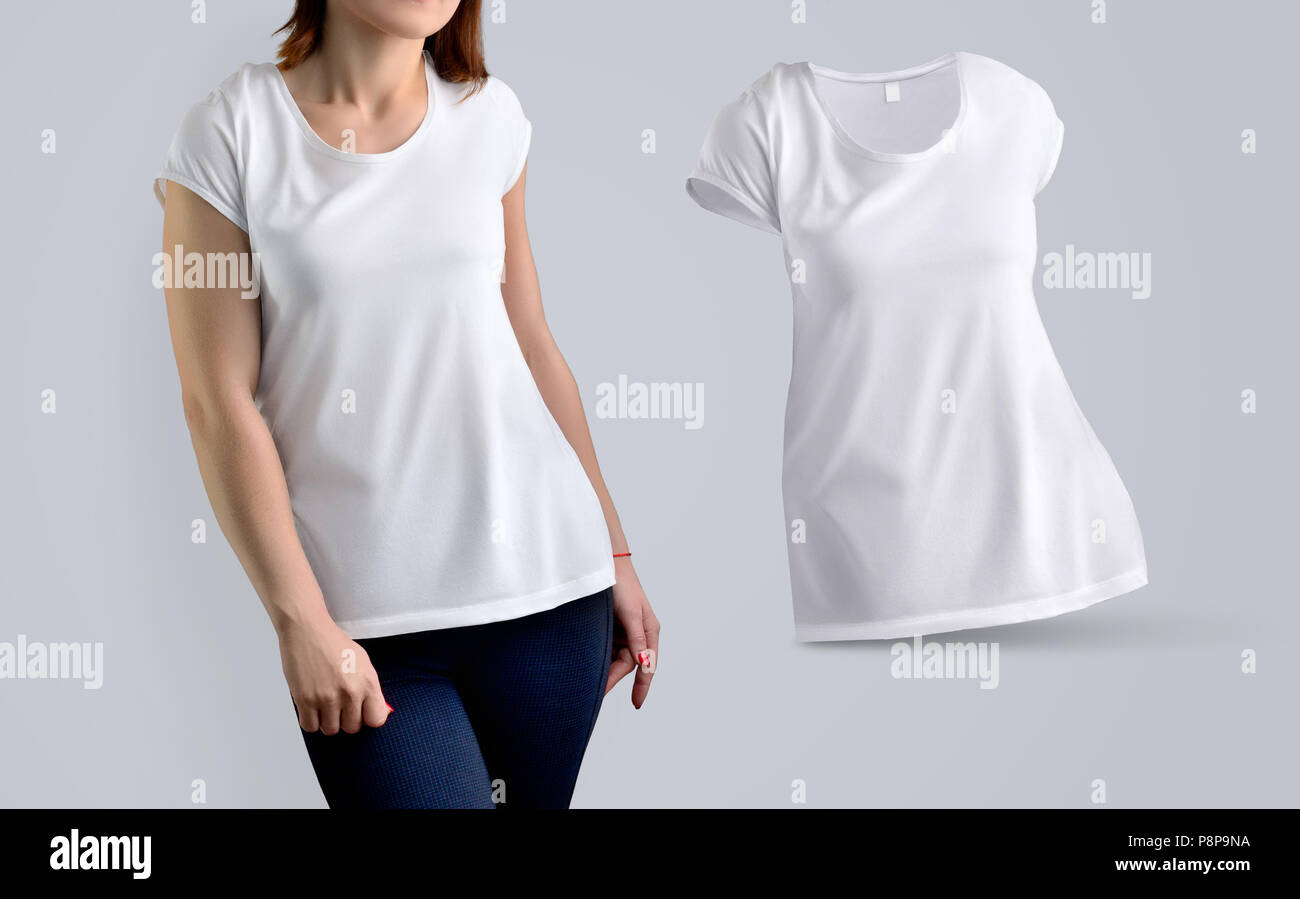 Download Clothes Mockup Set With Fit Female Model In The Blank T Shirt And Shape Of T Shirt Without Body Isolated On The Studio Background Front View Templ Stock Photo Alamy