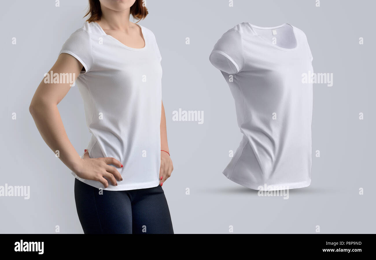 Download Clothes Template Set With Slim Female Model In The Blank T Shirt And Shape Of T Shirt Without Body Isolated On The Studio Background Half A Turn Pose Stock Photo Alamy