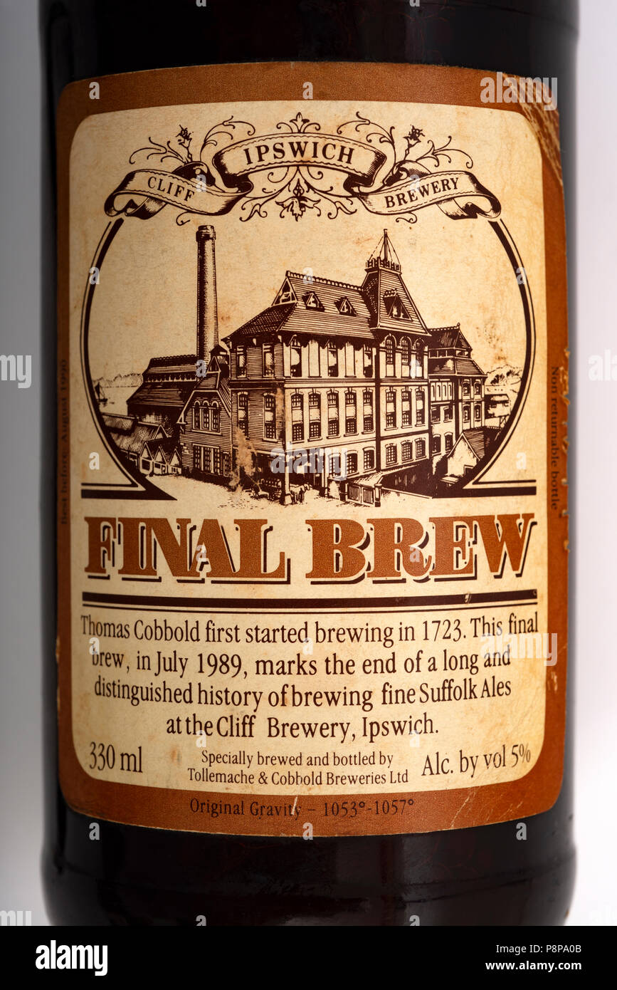Bottle of the Final Brew of beer from Tolly Cobbold of Ipswich Stock Photo