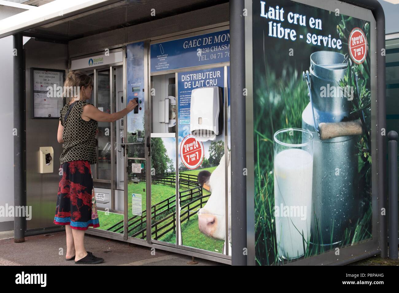 RAW MILK VENDING MACHINE, LANGEAC (43), FRANCE Stock Photo