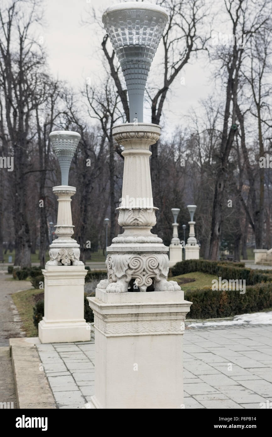 Public lighting bodies in the Central Park in Cluj city, Romania Stock Photo