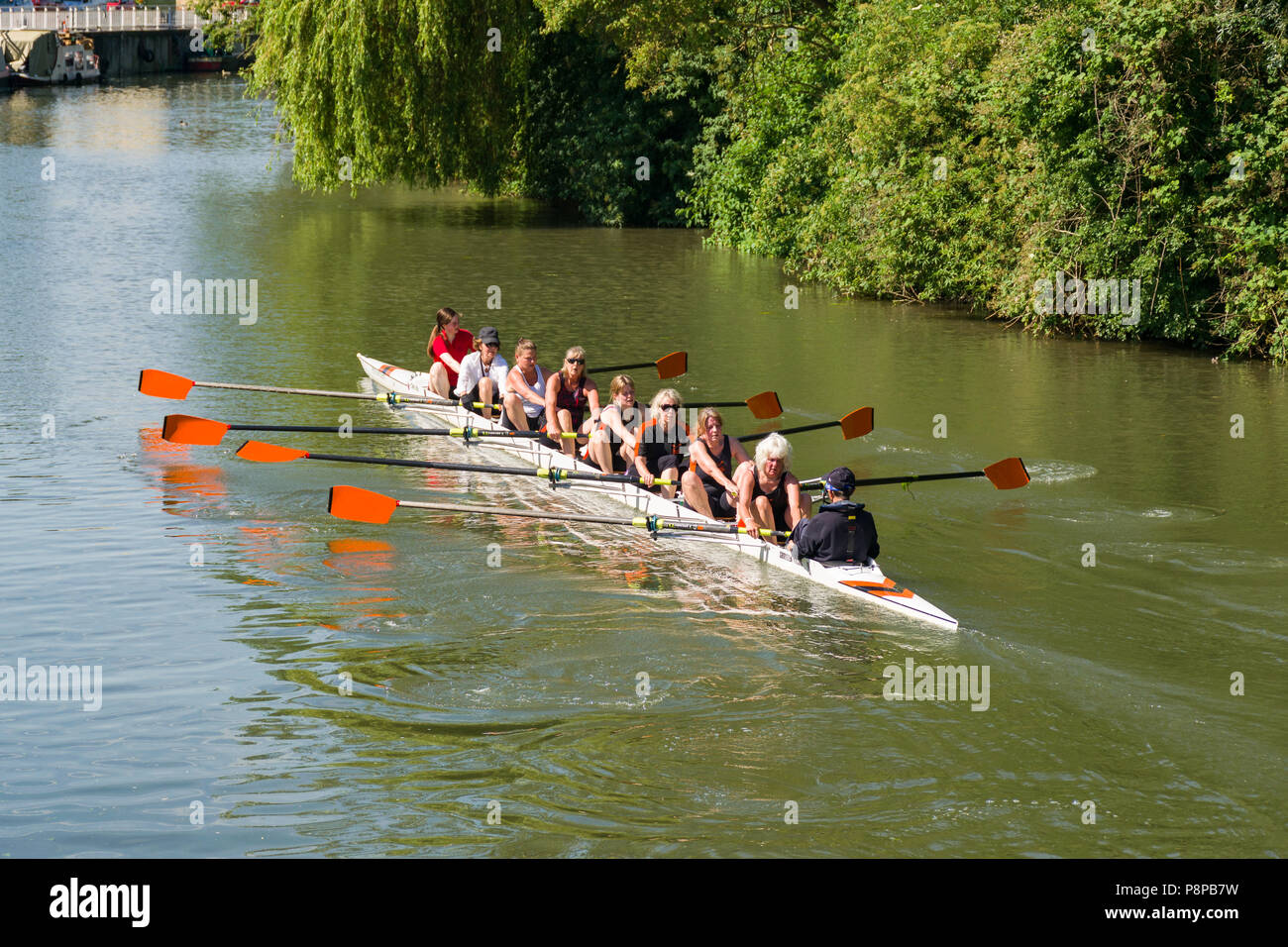 An eight person row boat with women rowing on the river Cam on a sunny Summer day, Cambridge, UK Stock Photo