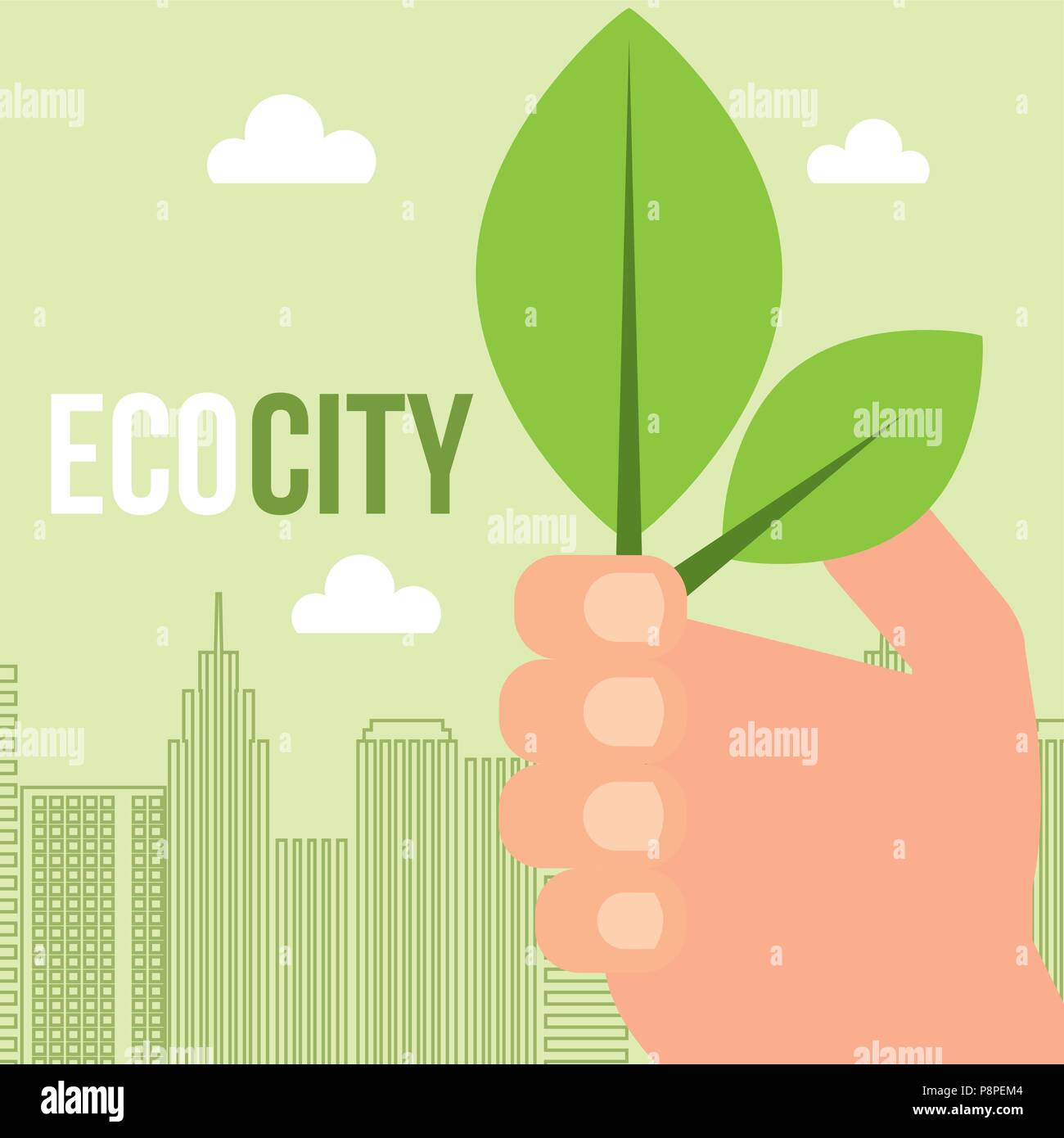 hand holding leaves ecology city concept vector illustration Stock ...