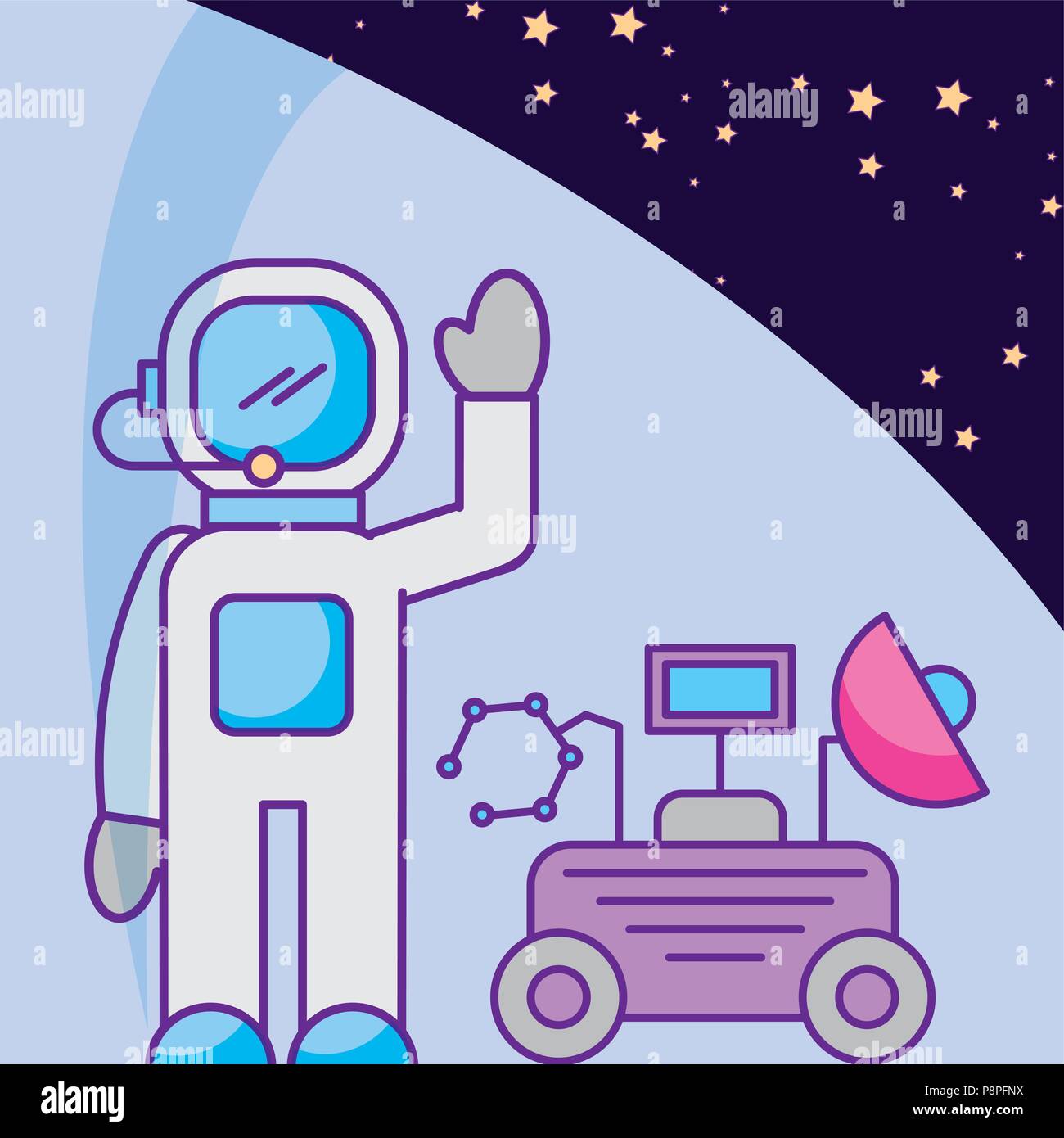 space galaxy card astronaut greeting moon rover car antenna vector ...