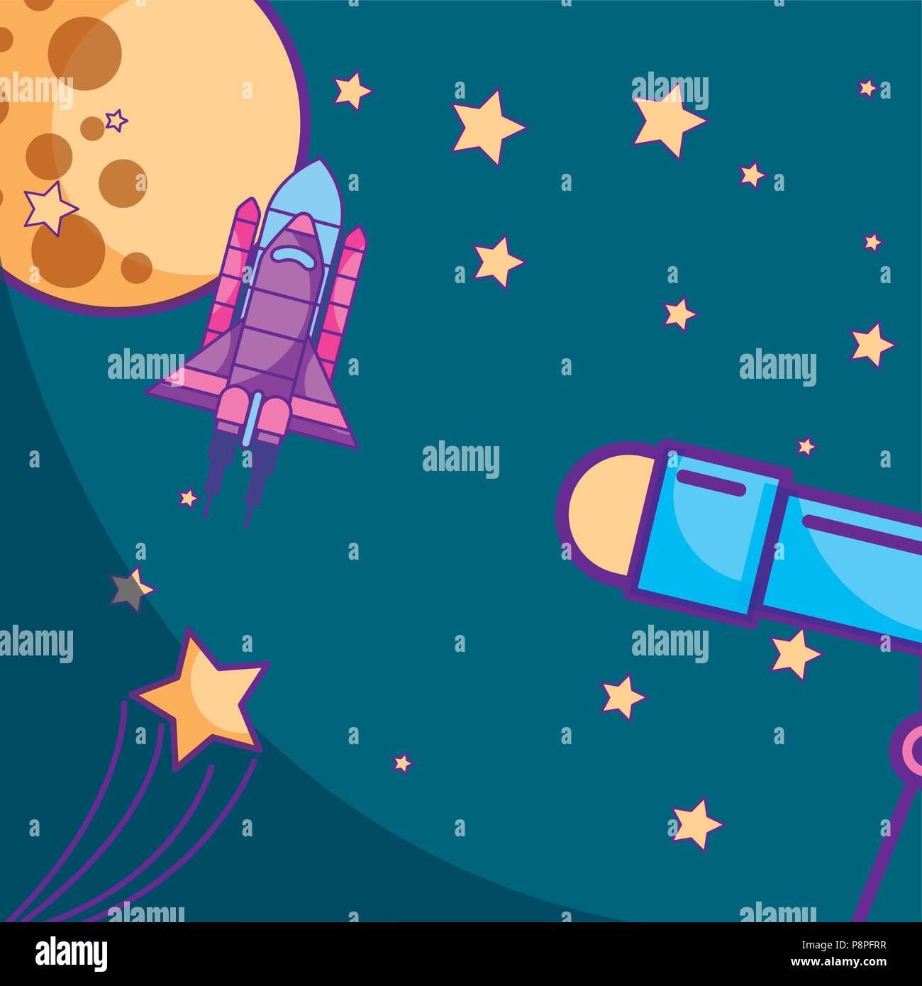 space galaxy card rocket telescope antenna moon stars vector ...
