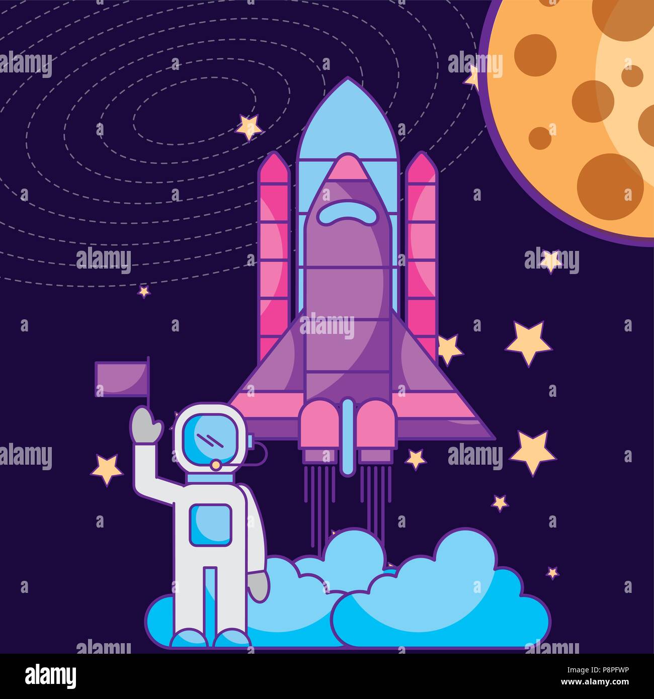 space galaxy card astronaut flag rocket launching moon vector ...