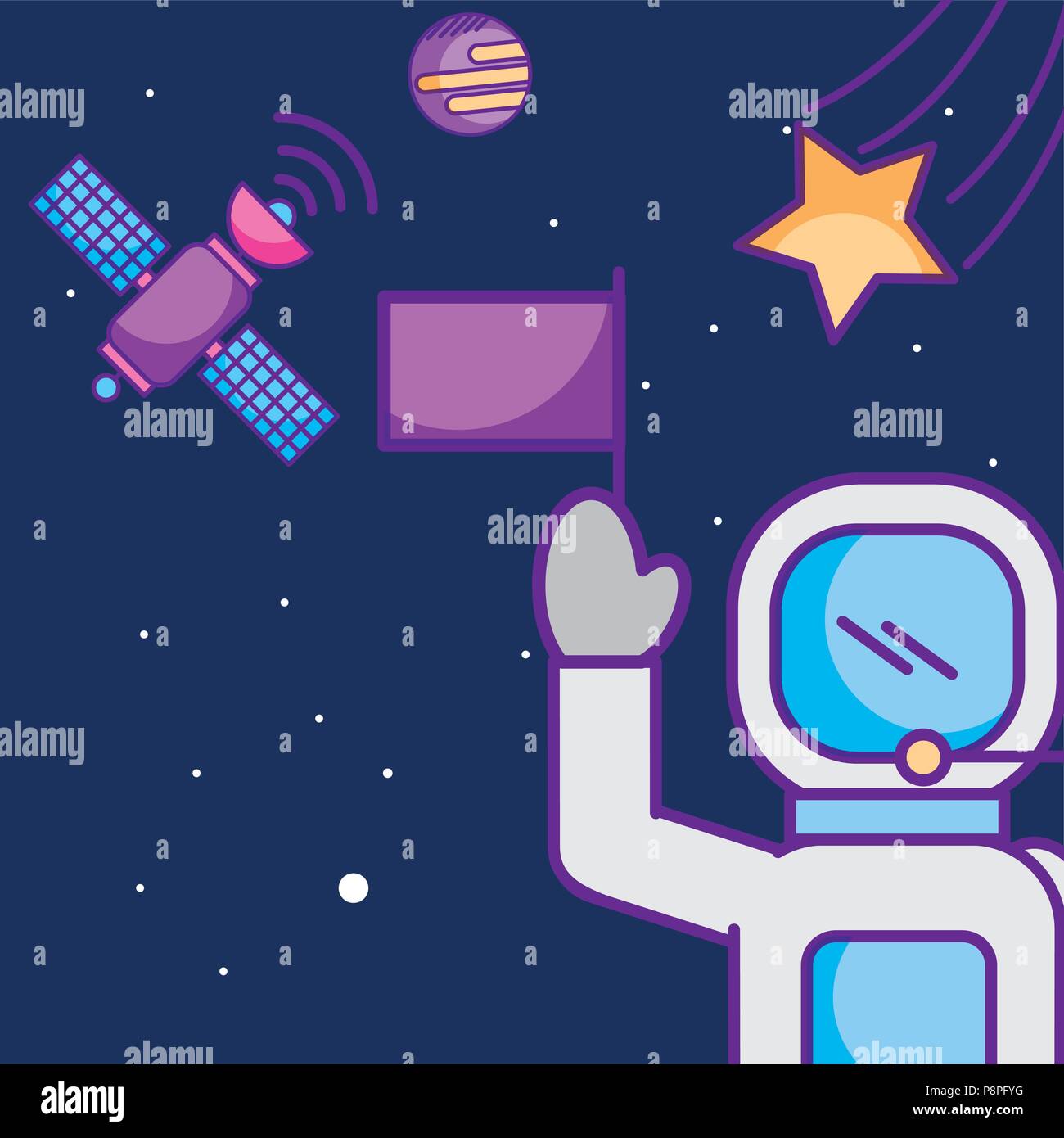 space galaxy card astronaut greeting holding flag star satellite planet ...