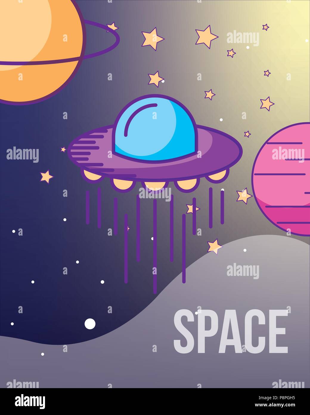 space galaxy cosmic card ufo flying stars planet saturn vector ...