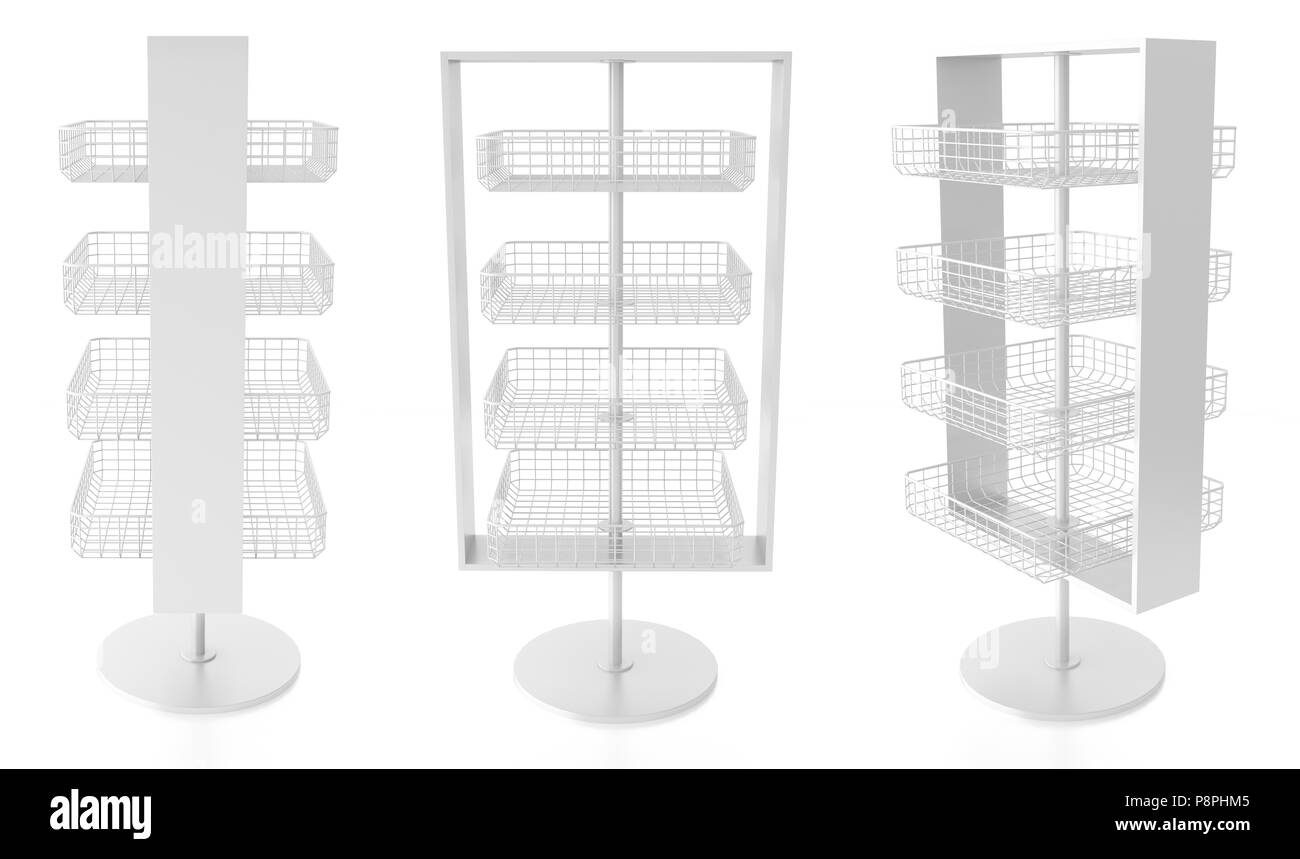 Set of empty display stand with wire shelves. Isolated on white background. 3d render Stock Photo