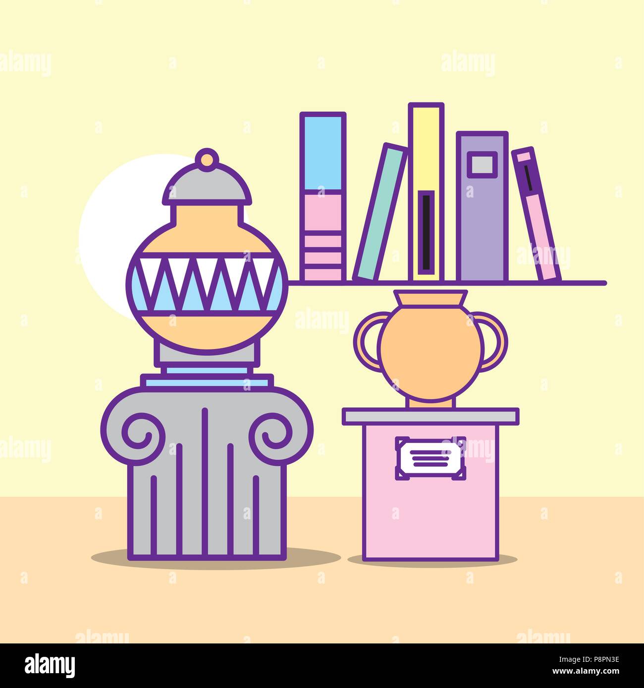 museum monuments design stand books files historic vases vector illustration Stock Vector