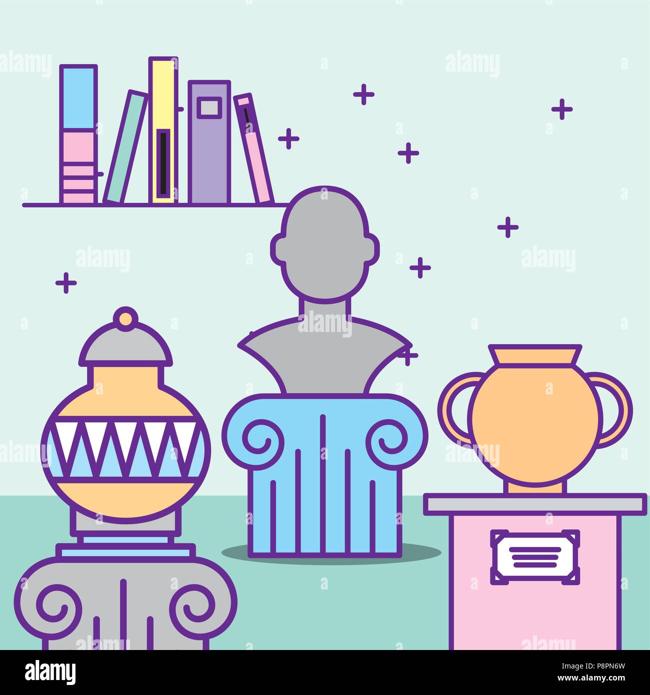 museum monuments design stand books files monument historic vases vector illustration Stock Vector