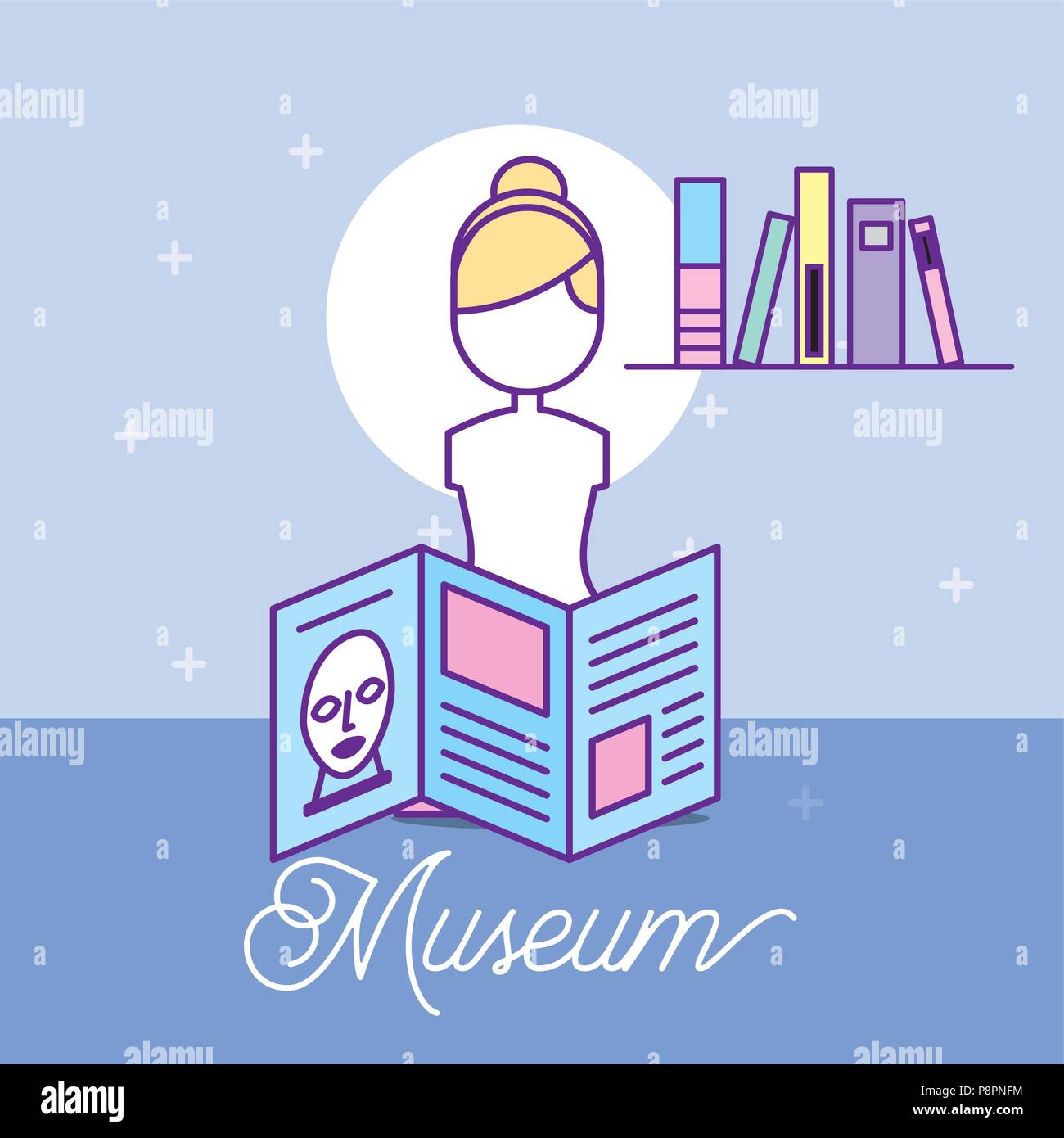 museum monuments design description woman statue stand books files vector illustration Stock Vector