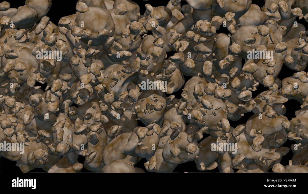 Asteroids on black background. 3d render. Mixed sizes, dense cluster. Stock Photo