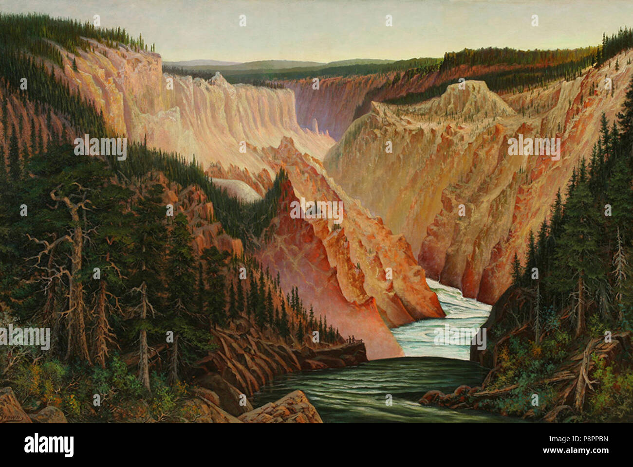 A Canyon River with Pines and Figures (Yellowstone) by Grafton Tyler Brown. Stock Photo