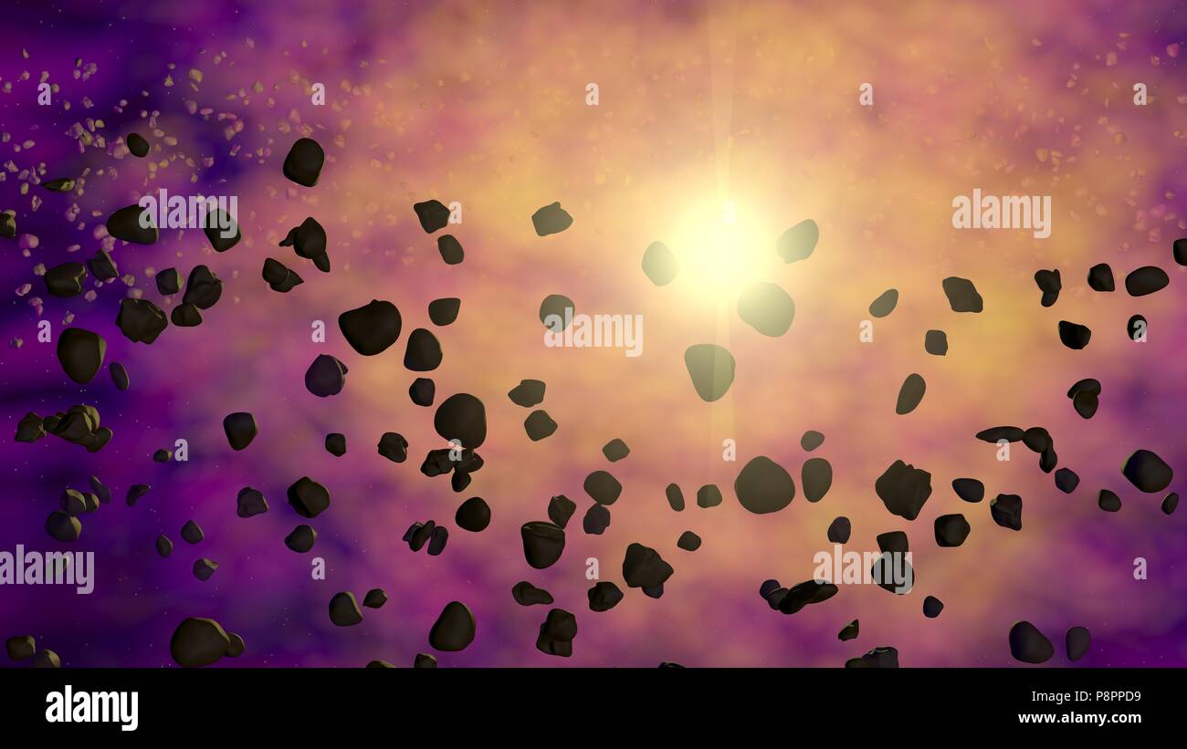 Asteroids orbiting  Star . 3d render Stock Photo