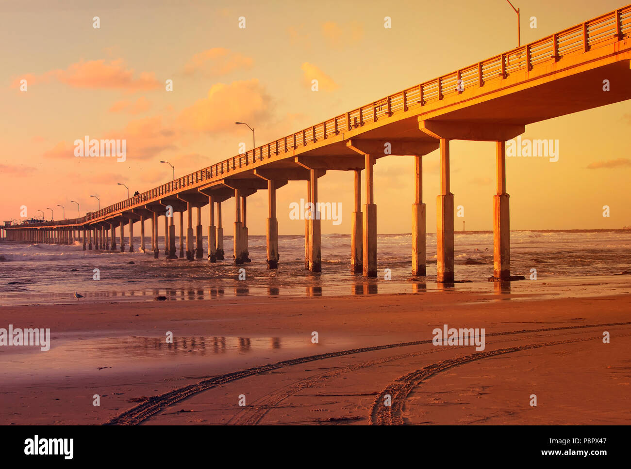 pier during golden evening sunset in san diego, california Stock Photo