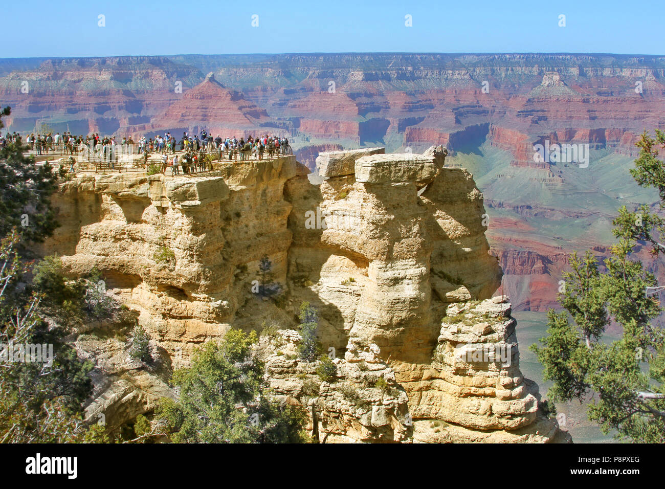 View of Grand Canyon south rim in Arizona US. The picture is of popular Mather Point near Grand Canyon visitor center. Stock Photo